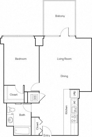 Floor plan for 1 bed, 1 bath, 766 sqft