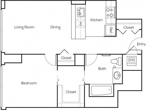 Floor plan for 1 bed, 1 bath, 662 sqft