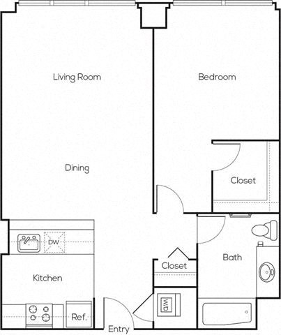 Floor plan for 1 bed, 1 bath, 768 sqft