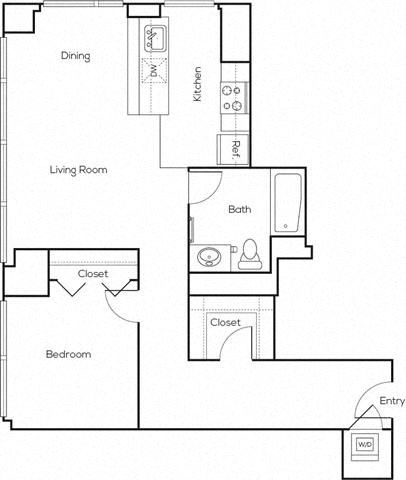 Floor plan for 1 bed, 1 bath, 803 sqft
