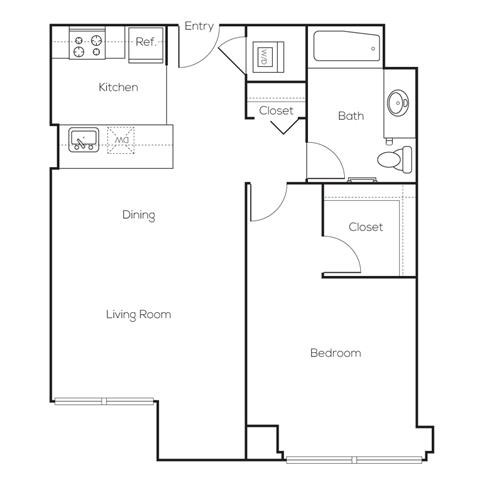 Floor plan for 1 bed, 1 bath, 724 sqft
