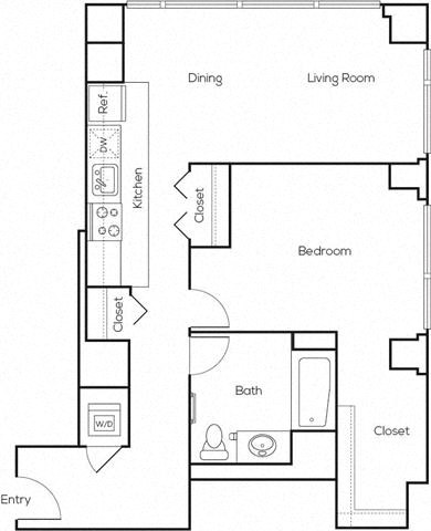 Floor plan for 1 bed, 1 bath, 732 sqft