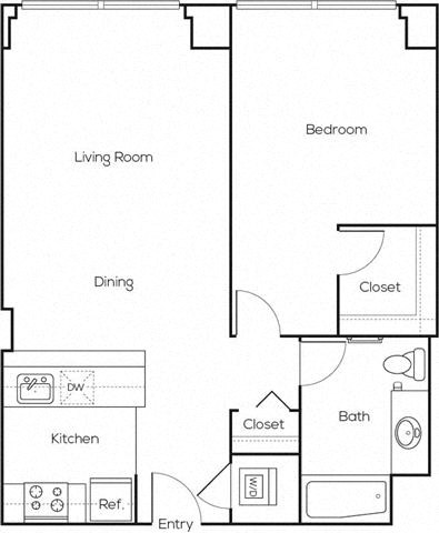 Floor plan for 1 bed, 1 bath, 750 sqft