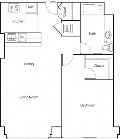 Floor plan for 1 bed, 1 bath, 758 sqft