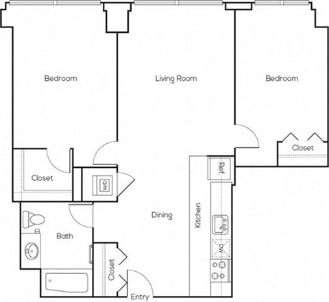 Floor plan for 2 beds, 1 bath, 859 sqft
