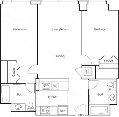 Floor plan for 2 beds, 2 baths, 906 sqft