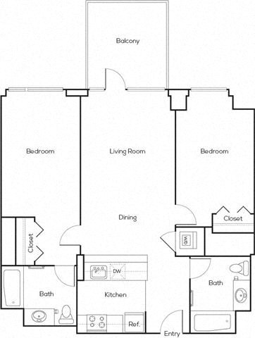 Floor plan for 2 beds, 2 baths, 909 sqft