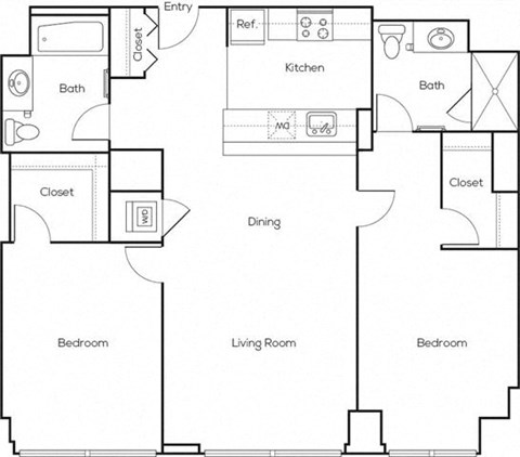 Floor plan for 2 beds, 2 baths, 1026 sqft