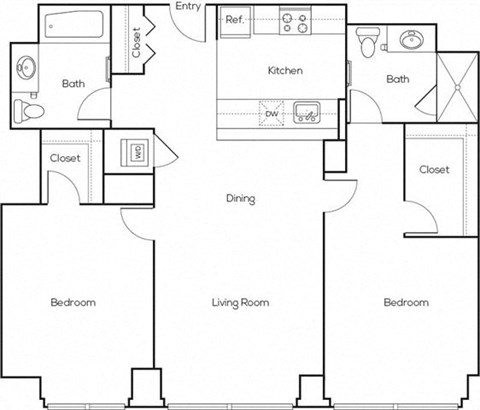 Floor plan for 2 beds, 2 baths, 1075 sqft