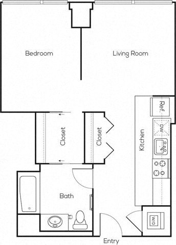 Floor plan for 1 bed, 1 bath, 551 sqft