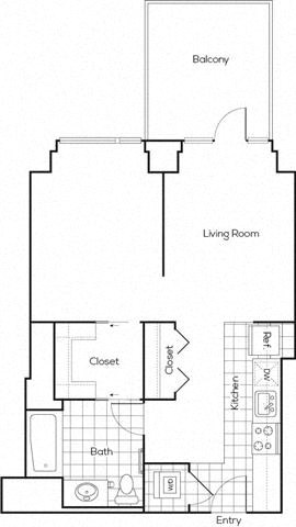 Floor plan for 1 bed, 1 bath, 620 sqft
