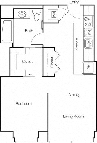 Floor plan for 1 bed, 1 bath, 626 sqft
