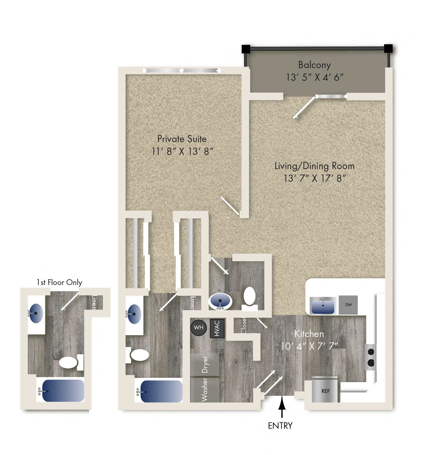 Floor plan for 1 bed, 1.5 baths, 825 sqft