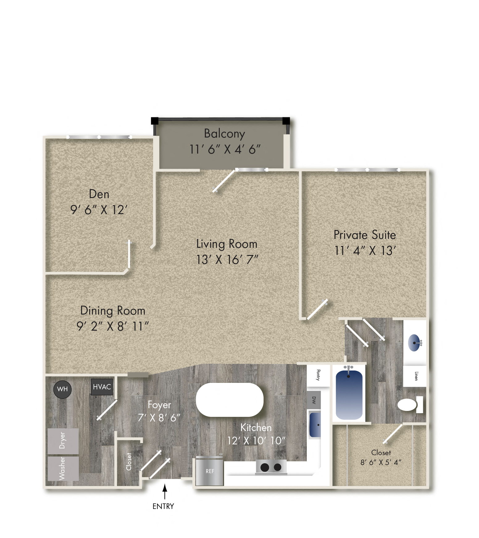 Floor plan for 1 bed, 1 bath, 1041 sqft