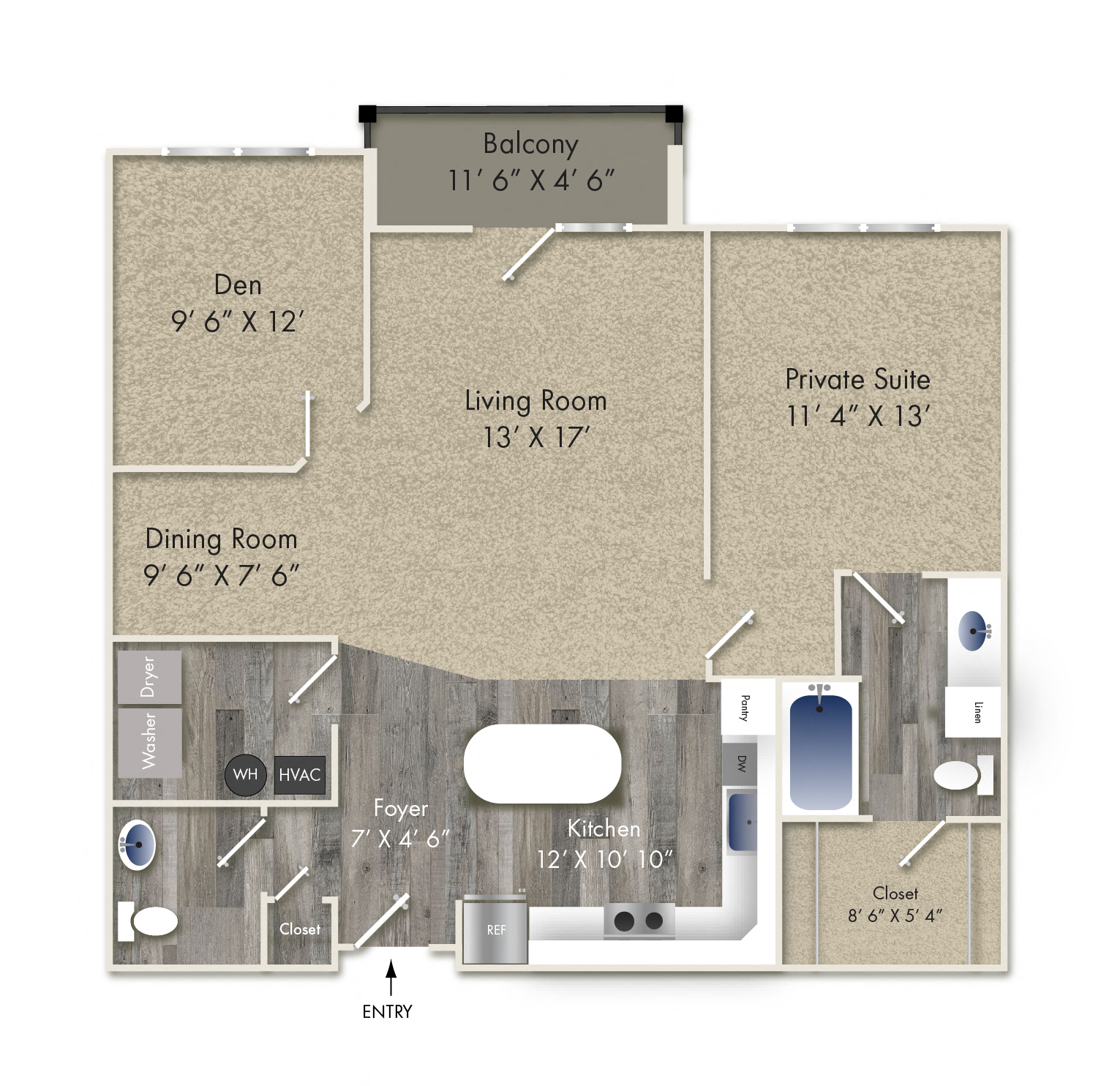 Floor plan for 1 bed, 1.5 baths, 1041 sqft