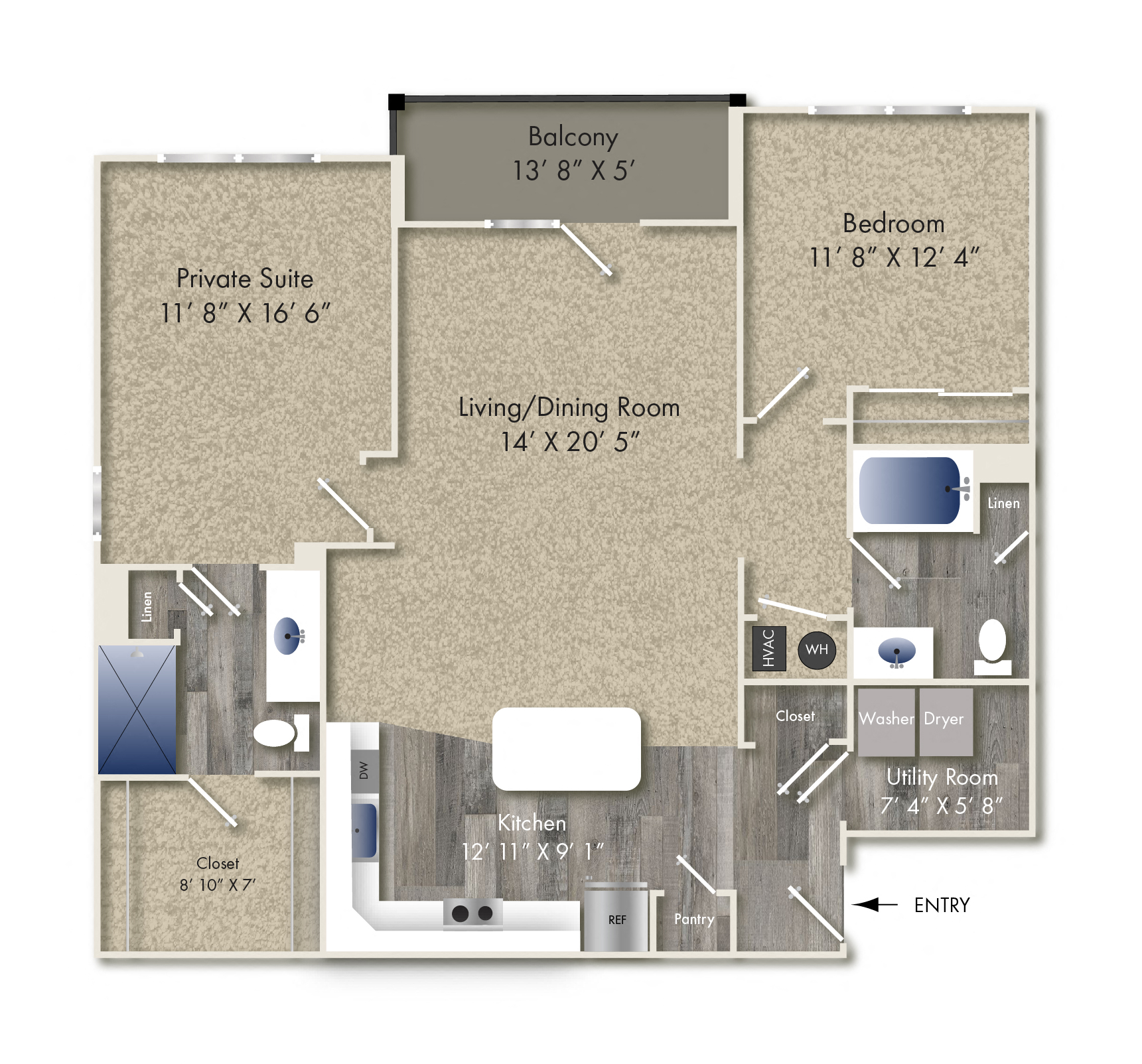 Floor plan for 2 beds, 2 baths, 1213 sqft