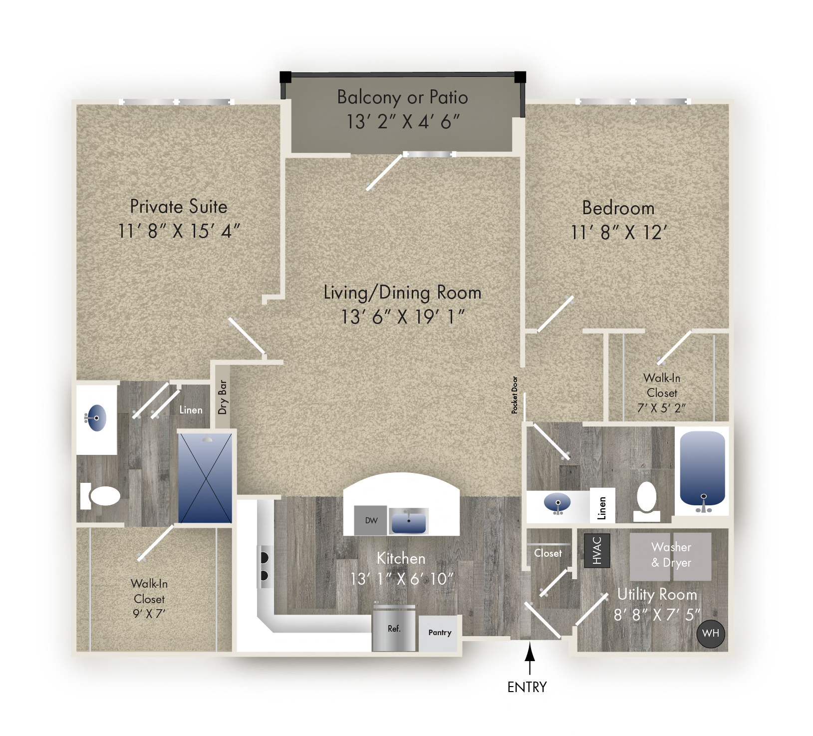 Floor plan for 2 beds, 2 baths, 1172 sqft