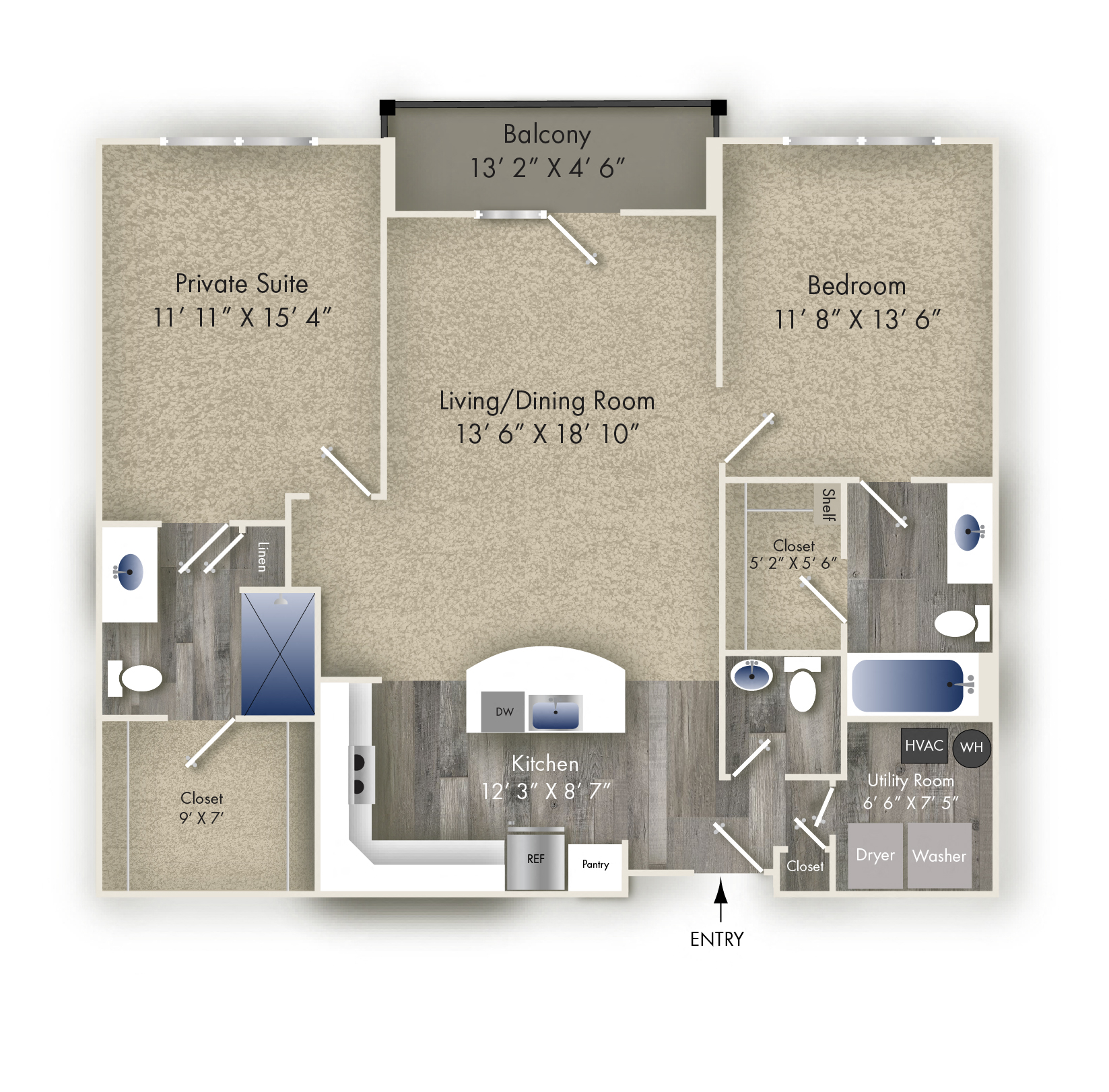 Floor plan for 2 beds, 2.5 baths, 1172 sqft