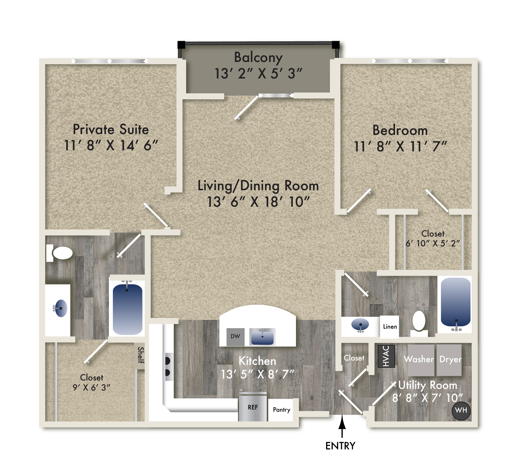 Floor plan for 2 beds, 2 baths, 1172 sqft