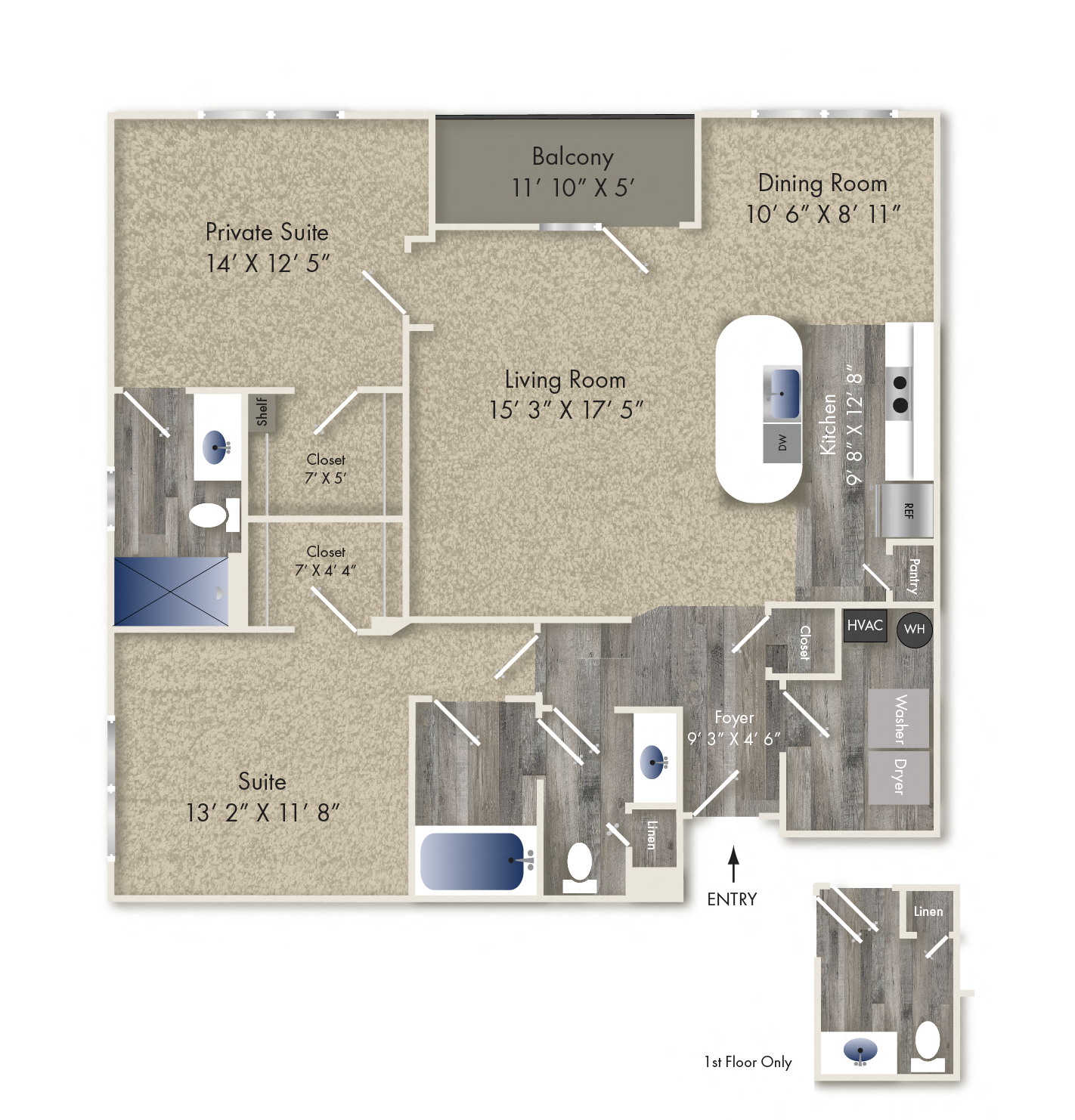 Floor plan for 2 beds, 2 baths, 1250 sqft