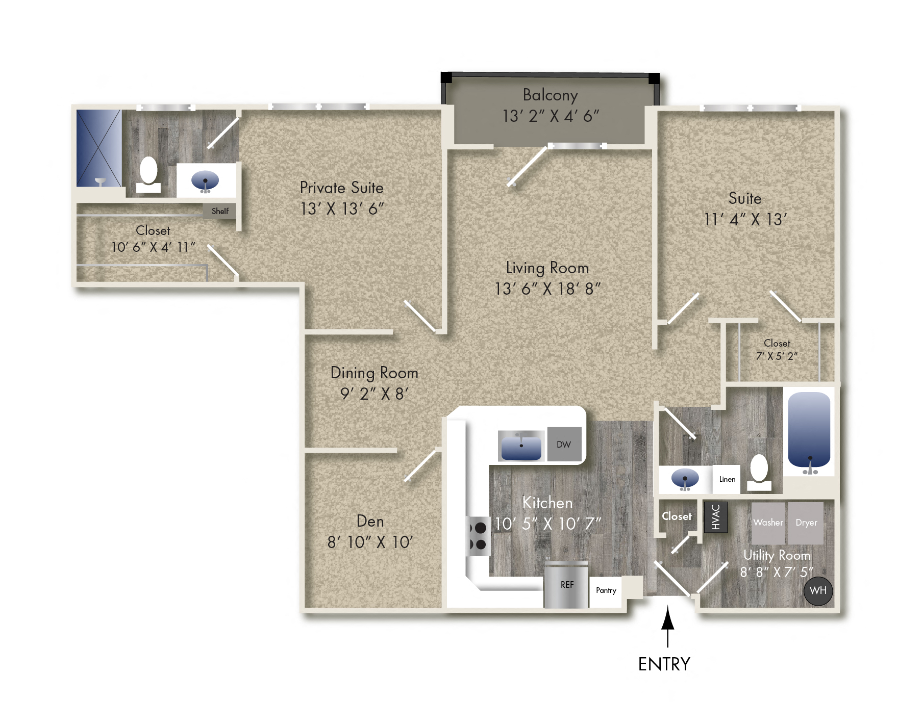 Floor plan for 2 beds, 2 baths, 1291 sqft