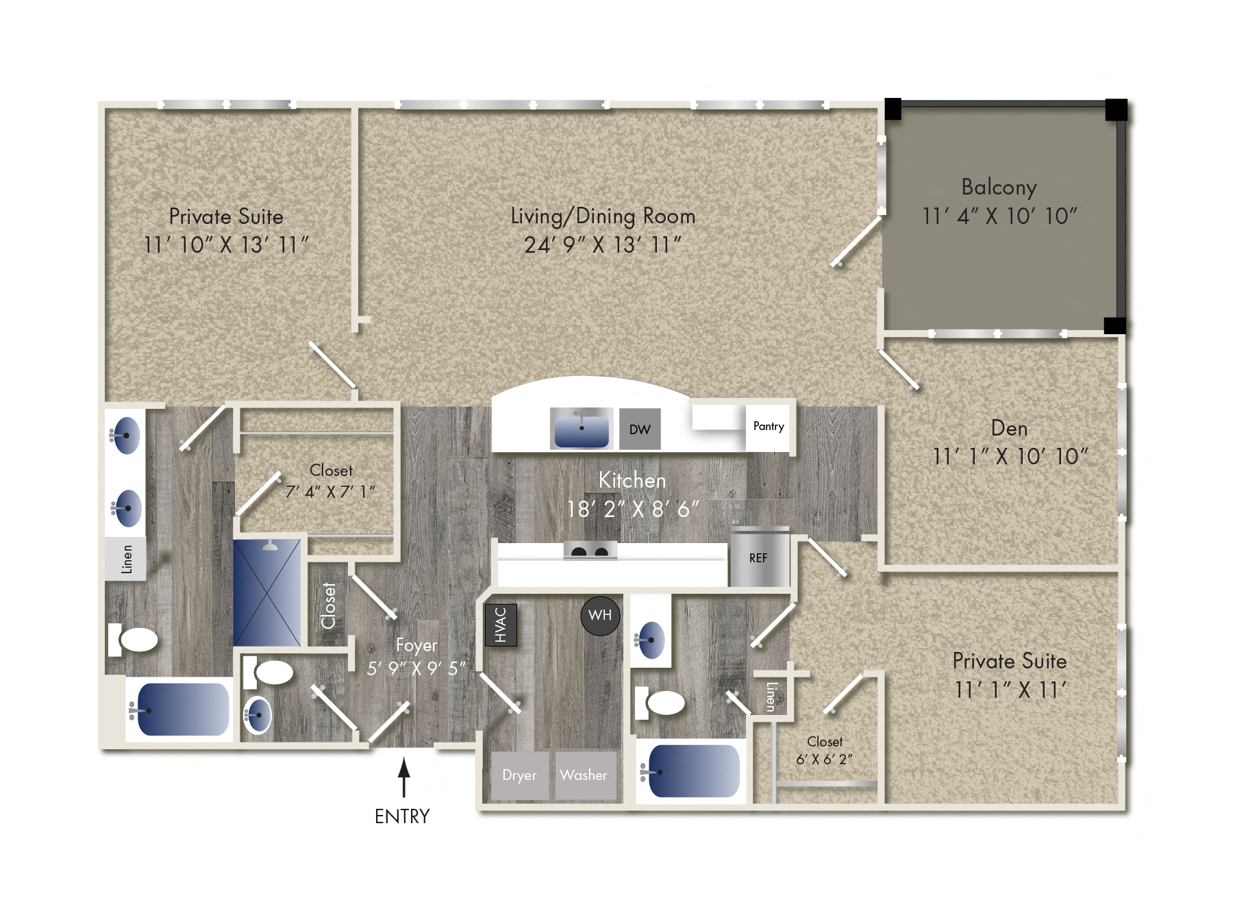Floor plan for 2 beds, 2.5 baths, 1486 sqft
