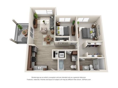 Floor plan for 2 beds, 2 baths, 940 sqft