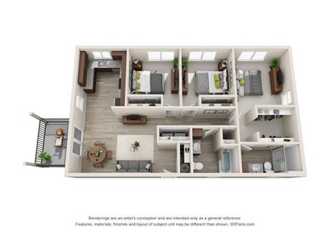 Floor plan for 3 beds, 2 baths, 1100 sqft