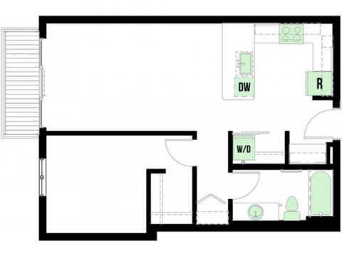 Floor plan for 1 bed, 1 bath, 696 sqft