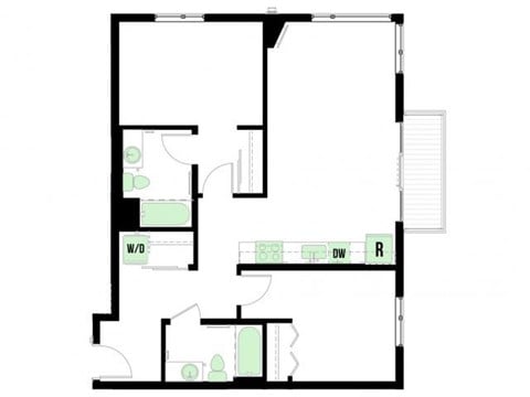 Floor plan for 2 beds, 2 baths, 961 sqft
