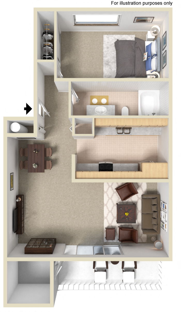 Floor plan for 1 bed, 1 bath, 592 sqft