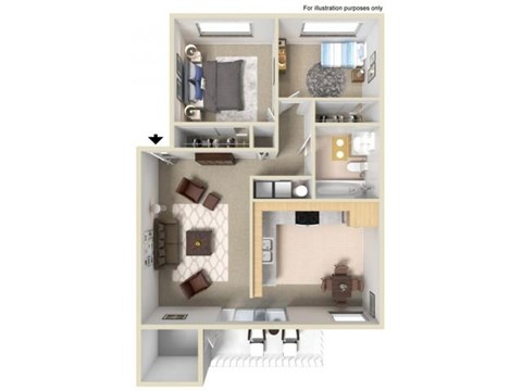 Floor plan for 2 beds, 1 bath, 782 sqft