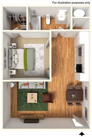 Floor plan for 1 bed, 1 bath, 535 sqft