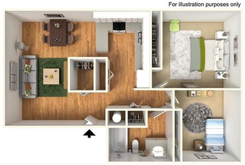 Floor plan for 2 beds, 1 bath, 950 sqft