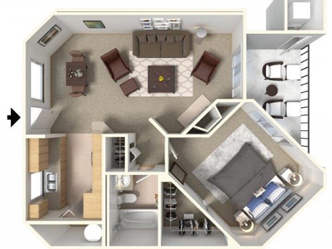 Floor plan for 1 bed, 1 bath, 726 sqft
