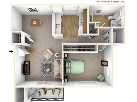 Floor plan for 1 bed, 1 bath, 761 sqft