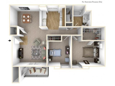 Floor plan for 2 beds, 1 bath, 901 sqft