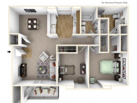 Floor plan for 2 beds, 2 baths, 938 sqft