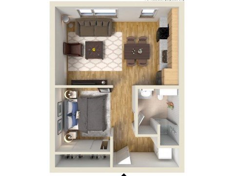 Floor plan for 1 bed, 1 bath, 520 sqft