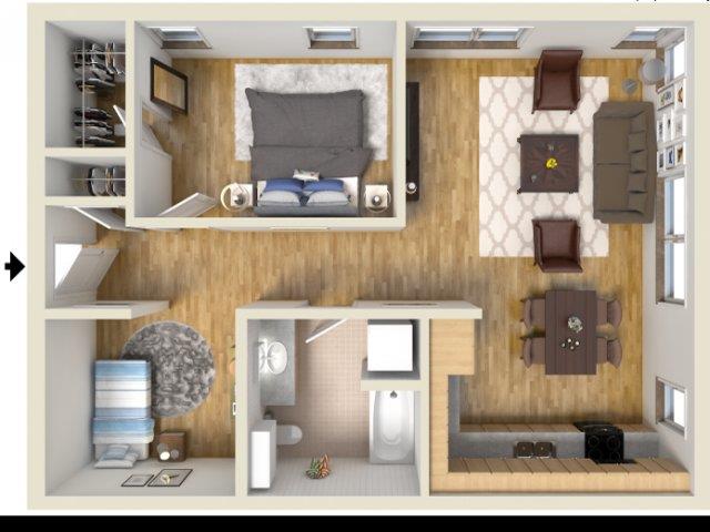 Floor plan for 1 bed, 1 bath, 766 sqft