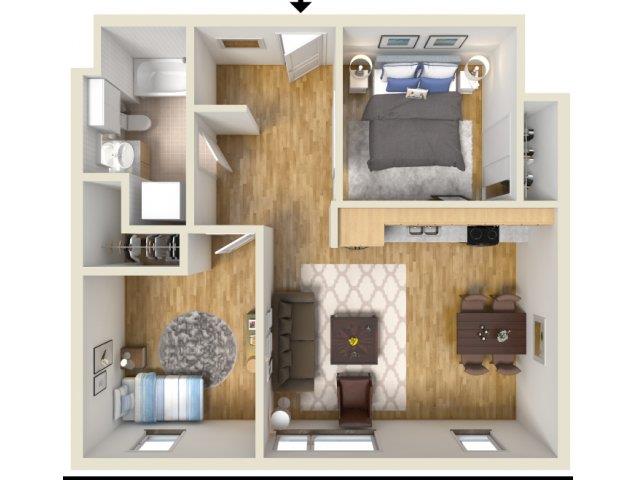 Floor plan for 2 beds, 1 bath, 723 sqft
