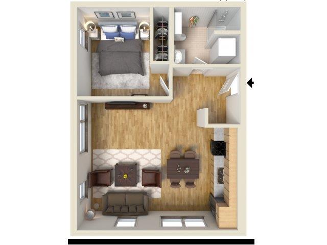 Floor plan for 1 bed, 1 bath, 615 sqft