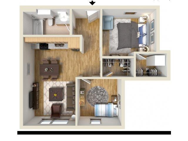 Floor plan for 2 beds, 1 bath, 690 sqft