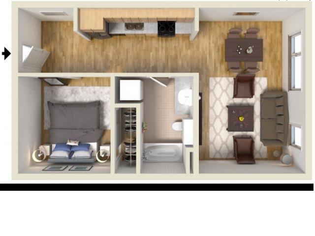 Floor plan for 1 bed, 1 bath, 595 sqft