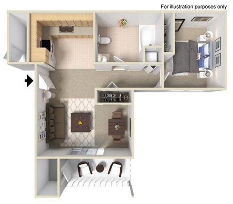 Floor plan for 1 bed, 1 bath, 668 sqft