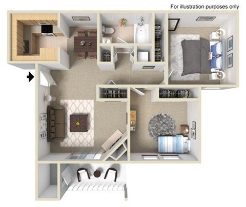 Floor plan for 2 beds, 1 bath, 896 sqft