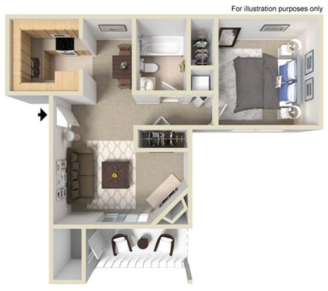 Floor plan for 1 bed, 1 bath, 668 sqft