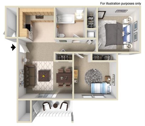Floor plan for 2 beds, 1 bath, 896 sqft