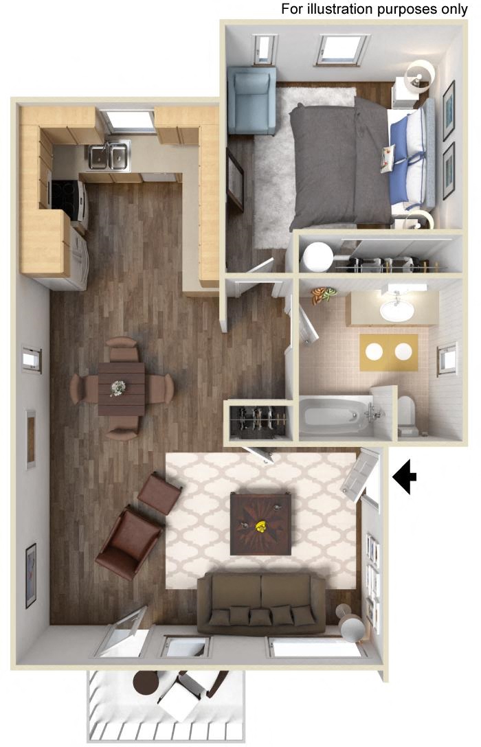 Floor plan for 1 bed, 1 bath, 724 sqft