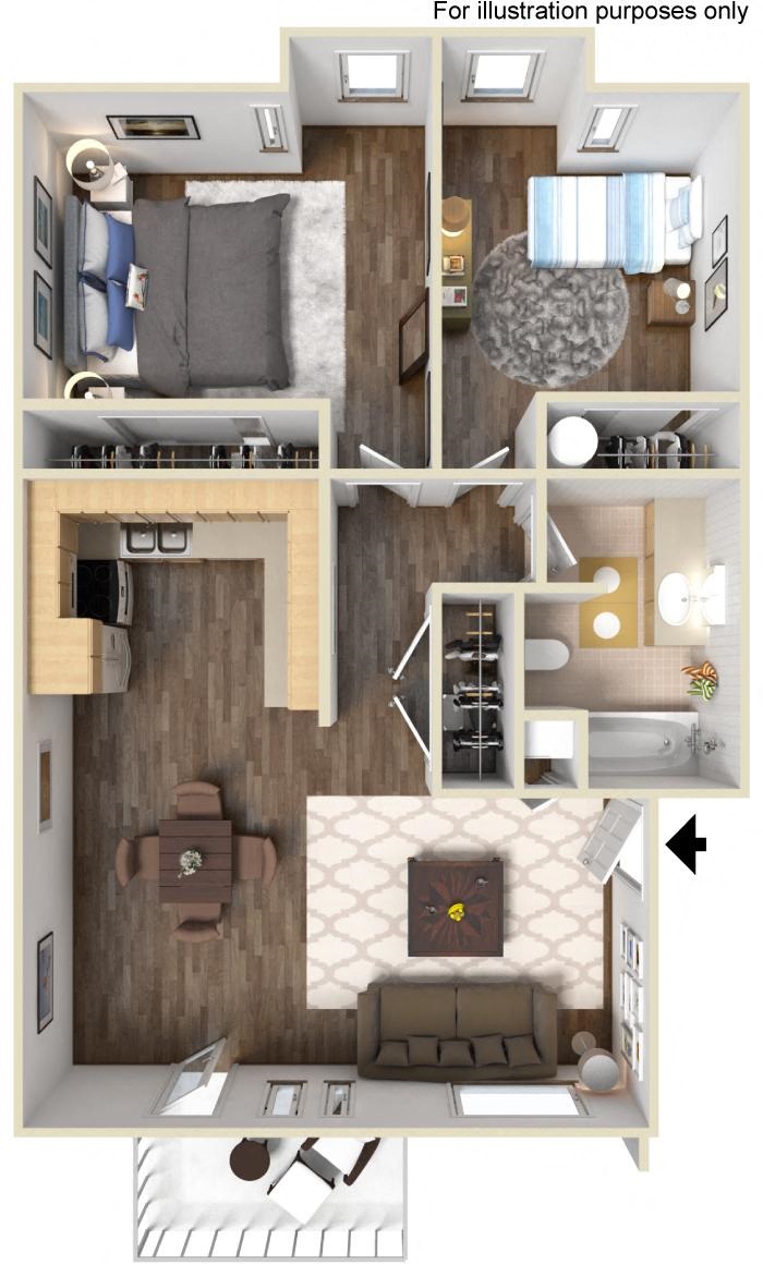 Floor plan for 2 beds, 1 bath, 910 sqft